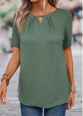 Cut Out Sage Green Short Sleeve Round Neck Blouse