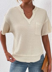 Pocket Split Neck Short Sleeve Beige T Shirt