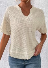 Pocket Split Neck Short Sleeve Beige T Shirt
