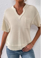 Pocket Split Neck Short Sleeve Beige T Shirt