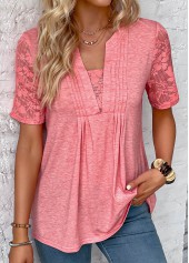Split Neck Patchwork Peach Red T Shirt