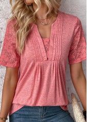Split Neck Patchwork Peach Red T Shirt