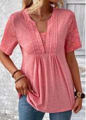 Split Neck Patchwork Peach Red T Shirt