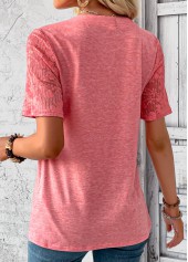 Split Neck Patchwork Peach Red T Shirt