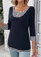 Striped Fake 2in1 Navy V Neck T Shirt