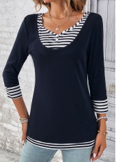 Striped Fake 2in1 Navy V Neck T Shirt