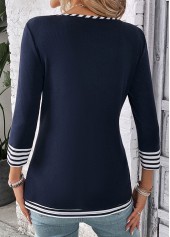 Striped Fake 2in1 Navy V Neck T Shirt