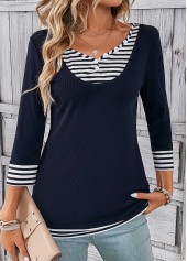Striped Fake 2in1 Navy V Neck T Shirt