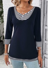 Striped Fake 2in1 Navy V Neck T Shirt
