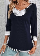 Striped Fake 2in1 Navy V Neck T Shirt