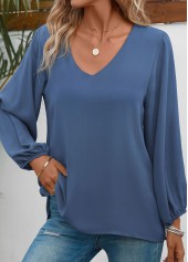 V Neck Long Sleeve Dusty Blue Blouse