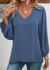 V Neck Long Sleeve Dusty Blue Blouse