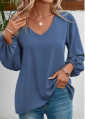 V Neck Long Sleeve Dusty Blue Blouse