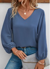 V Neck Long Sleeve Dusty Blue Blouse