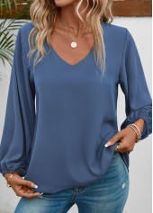 V Neck Long Sleeve Dusty Blue Blouse