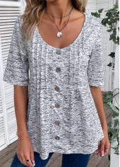 Button Scoop Neck Light Grey Marl T Shirt