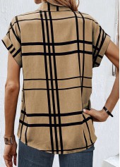 Plaid Button Dark Coffee Shirt Collar Blouse