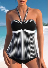 Striped Patchwork Black Ruched Tankini Top-No Bottom
