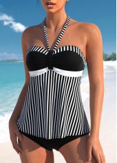 Striped Patchwork Black Ruched Tankini Top-No Bottom
