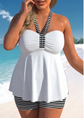 High Waisted White Plus Size Striped Tankini Set