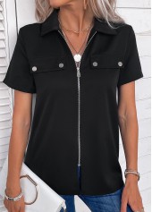 Zipper Turn Down Collar Short Sleeve Black Blouse