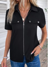 Zipper Turn Down Collar Short Sleeve Black Blouse