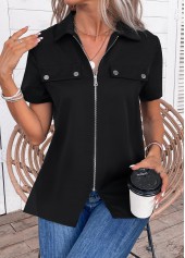 Zipper Turn Down Collar Short Sleeve Black Blouse