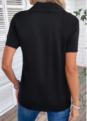 Zipper Turn Down Collar Short Sleeve Black Blouse
