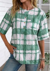 Plaid Button White Round Neck Half Sleeve Blouse