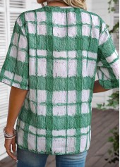 Plaid Button White Round Neck Half Sleeve Blouse