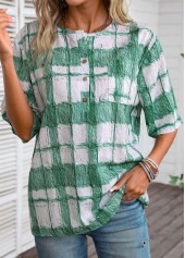 Plaid Button White Round Neck Half Sleeve Blouse