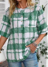 Plaid Button White Round Neck Half Sleeve Blouse