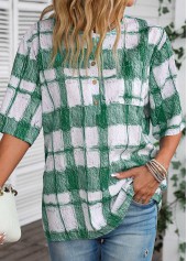 Plaid Button White Round Neck Half Sleeve Blouse
