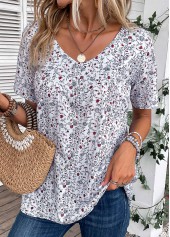 Ditsy Floral Print Ruched Bleaching White T Shirt
