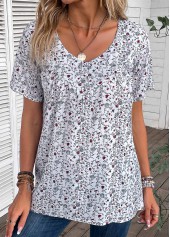 Ditsy Floral Print Ruched Bleaching White T Shirt