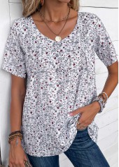 Ditsy Floral Print Ruched Bleaching White T Shirt