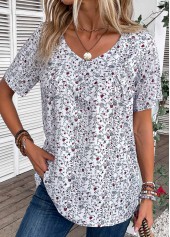 Ditsy Floral Print Ruched Bleaching White T Shirt