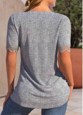 Split Neck Ruched Grey Short Sleeve T Shirt