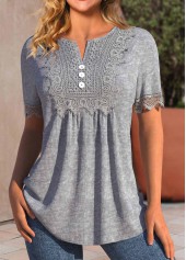 Split Neck Ruched Grey Short Sleeve T Shirt