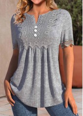 Split Neck Ruched Grey Short Sleeve T Shirt