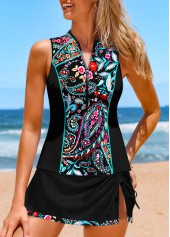 Mid Waisted Paisley Print Zipper Black Tankini Set