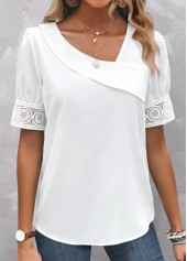 Patchwork White Short Sleeve Asymmetrical Neck Blouse