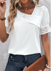 Patchwork White Short Sleeve Asymmetrical Neck Blouse