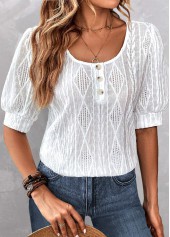 Button White Short Sleeve Round Neck Blouse