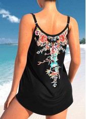 Random Floral Print Bowknot Black Tankini Set