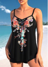 Random Floral Print Bowknot Black Tankini Set