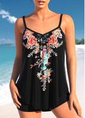 Random Floral Print Bowknot Black Tankini Set