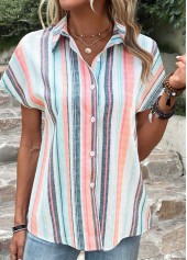 Striped Button Multi Color Shirt Collar Blouse