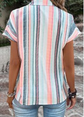 Striped Button Multi Color Shirt Collar Blouse
