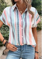 Striped Button Multi Color Shirt Collar Blouse